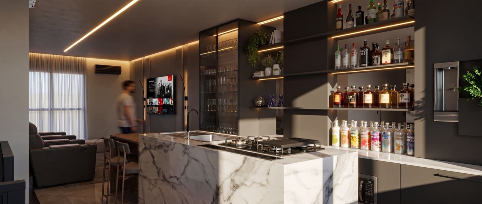 Espaço gourmet com bancada de mármore, projeto do Pecan Studio
